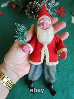 Vintage German Santa Claus Clay Compo Face&hands & Boots Felt Suit Holding Tree