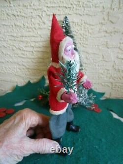 Vintage German Santa Claus Clay Compo Face&hands & Boots Felt Suit Holding Tree