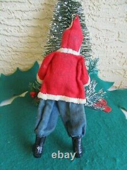 Vintage German Santa Claus Clay Compo Face&hands & Boots Felt Suit Holding Tree