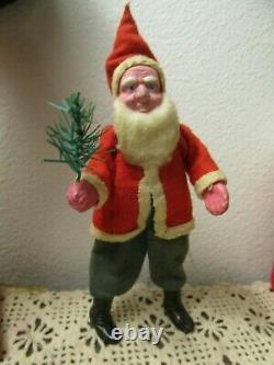 Vintage German Santa Claus Clay Compo Face&hands & Boots Felt Suit Holding Tree