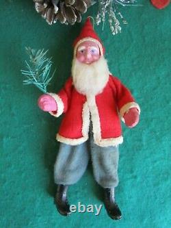 Vintage German Santa Claus Clay Compo Face&hands & Boots Felt Suit Holding Tree