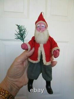 Vintage German Santa Claus Clay Compo Face&hands & Boots Felt Suit Holding Tree