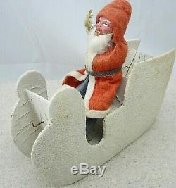 Vintage Germany Santa Claus in Sleigh Holding Tree Sprig Felt Robe Plaster