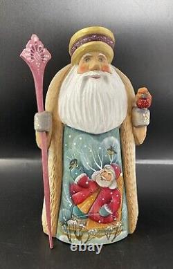 Vintage Hand Carved Wood Russian Santa Claus Bird Hand Painted Santa Sleigh 7.5