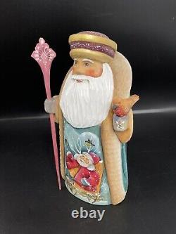 Vintage Hand Carved Wood Russian Santa Claus Bird Hand Painted Santa Sleigh 7.5