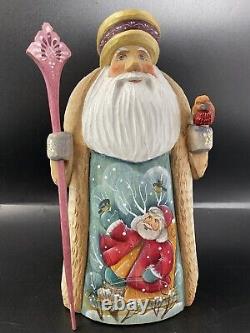 Vintage Hand Carved Wood Russian Santa Claus Bird Hand Painted Santa Sleigh 7.5