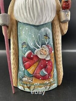 Vintage Hand Carved Wood Russian Santa Claus Bird Hand Painted Santa Sleigh 7.5