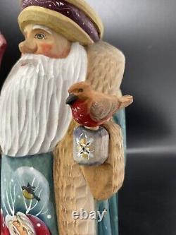 Vintage Hand Carved Wood Russian Santa Claus Bird Hand Painted Santa Sleigh 7.5