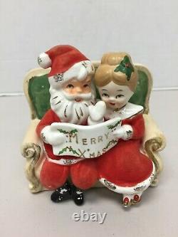 Vintage Inarco Planter Mr Mrs Claus Flocked Christmas on Couch 1961 Santa