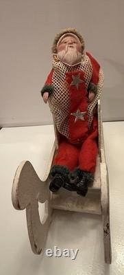 Vintage Japan Santa Claus In Wooden Sleigh 1950s Mesh Candy Body Bag 7 1/2