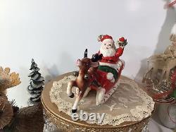 Vintage KREISS Christmas Figurine Santa Reindeer Spaghetti Trim MCM