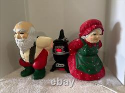 Vintage Mr and Mrs Santa Clause Pot Belly Stove Ceramic Display Christmas Decor