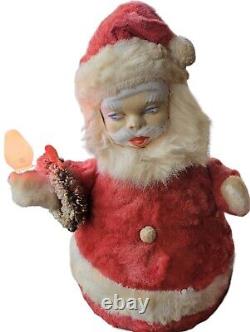 Vintage Plush Santa Claus Holds Candle Light Rubber Face Christmas Figure 1950s