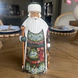 Vintage Russian Santa Claus Linden Wood Hand Carved & Painted Figure Signed