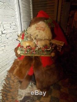 Vintage Santa Claus, Antique christmas fence, Vintage fur coat, Handmade, deer