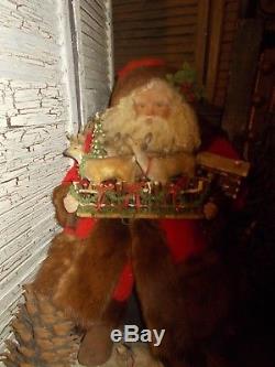 Vintage Santa Claus, Antique christmas fence, Vintage fur coat, Handmade, deer