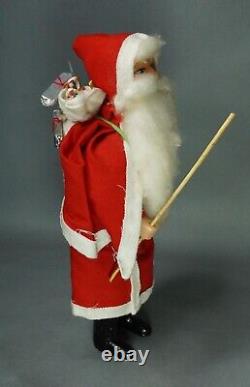 Vintage Santa Claus Christmas Figure Hard Plastic Felt Costume withSack Stick &Box