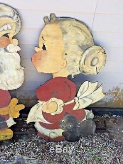 Vintage Santa Claus Mrs Claus & Cat Lawn Decorations Old Fashioned Christmas'50