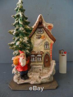 Vintage Santa Claus Papermache Candy Container German With Angel And House