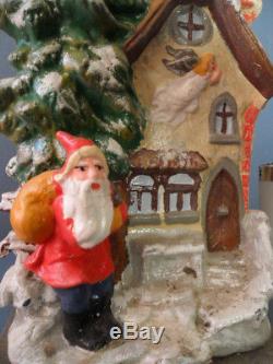 Vintage Santa Claus Papermache Candy Container German With Angel And House