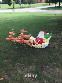Vtg 1977 Empire Lighted Santa Claus Sleigh Plastic Blow Mold With Reindeer