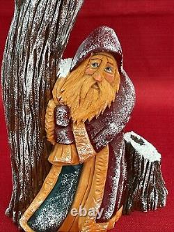 Vtg Hand Carved Santa Tree Wood Figure Signed Pauline Connors 1999 Folk Art 9.5