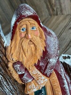 Vtg Hand Carved Santa Tree Wood Figure Signed Pauline Connors 1999 Folk Art 9.5