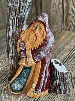 Vtg Hand Carved Santa Tree Wood Figure Signed Pauline Connors 1999 Folk Art 9.5