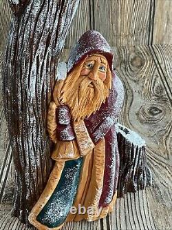 Vtg Hand Carved Santa Tree Wood Figure Signed Pauline Connors 1999 Folk Art 9.5