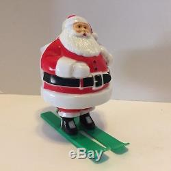 Vtg Hard Plastic Rosbro Santa Claus On Skis Candy Container White Painted Face