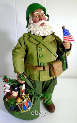 Vtg Military Soldier Santa Dept 56 Clothtique Figurine Santa Doll with Gifts GREEN