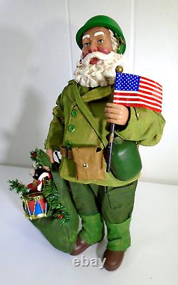 Vtg Military Soldier Santa Dept 56 Clothtique Figurine Santa Doll with Gifts GREEN