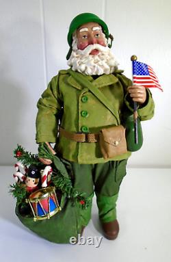 Vtg Military Soldier Santa Dept 56 Clothtique Figurine Santa Doll with Gifts GREEN