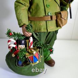 Vtg Military Soldier Santa Dept 56 Clothtique Figurine Santa Doll with Gifts GREEN