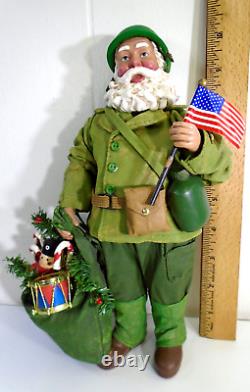 Vtg Military Soldier Santa Dept 56 Clothtique Figurine Santa Doll with Gifts GREEN