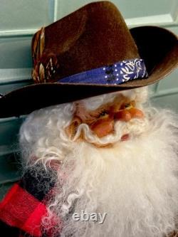 Vtg Rare Cowboy Santa Claus Doll Figure RubberfaceSheepwool Beard Leather Saddle