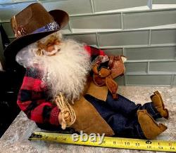 Vtg Rare Cowboy Santa Claus Doll Figure RubberfaceSheepwool Beard Leather Saddle