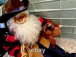 Vtg Rare Cowboy Santa Claus Doll Figure RubberfaceSheepwool Beard Leather Saddle