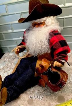 Vtg Rare Cowboy Santa Claus Doll Figure RubberfaceSheepwool Beard Leather Saddle
