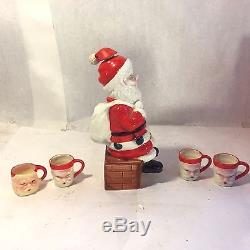 Vtg Xmas Cheer Ceramic Blushing Santa Claus Decanter w 4 Shot Mugs Dan Brechner