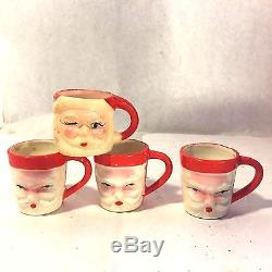 Vtg Xmas Cheer Ceramic Blushing Santa Claus Decanter w 4 Shot Mugs Dan Brechner