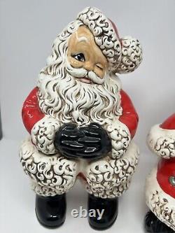 Winking Santa & Mrs. Claus Atlantic Mold Painted Ceramic Figures 70's Vtg