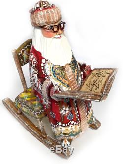 Wood Hand Carved Painted Russian Santa Claus Sitting on a Rocking Chair Figurine