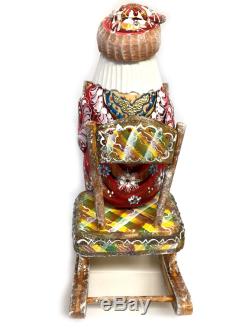 Wood Hand Carved Painted Russian Santa Claus Sitting on a Rocking Chair Figurine