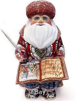 Wood Hand Carved Painted Russian Santa Claus Sitting on a Wooden Chair Figurine