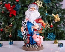 Wooden Carved Rancher Santa Claus Figurine 14, Handmade Christmas Decoration