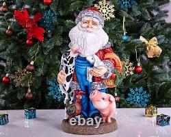 Wooden Carved Rancher Santa Claus Figurine 14, Handmade Christmas Decoration