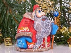 Wooden carved Santa Claus figurine, Christmas Holiday Home Decor indoor