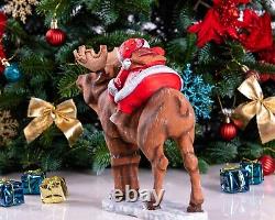 Wooden carved Santa Claus figurine riding a moose, Christmas gift home decor