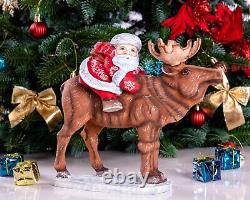 Wooden carved Santa Claus figurine riding a moose, Christmas gift home decor